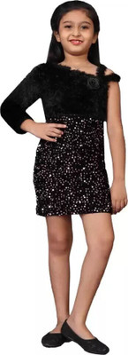 Pari Mahal Girls Above Knee Casual Dress(Black, 3/4 Sleeve)