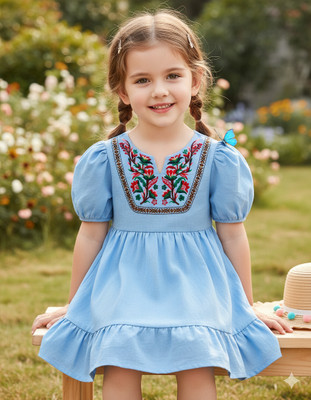 Twinkle Fashion Girls Below Knee Casual Dress(Blue, Short Sleeve)