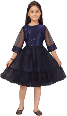 Yk Baby Girls Midi/Knee Length Party Dress(Dark Blue, 3/4 Sleeve)