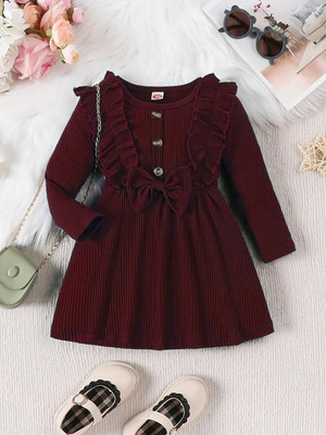 nexakids Indi Girls Midi/Knee Length Party Dress(Maroon, Full Sleeve)