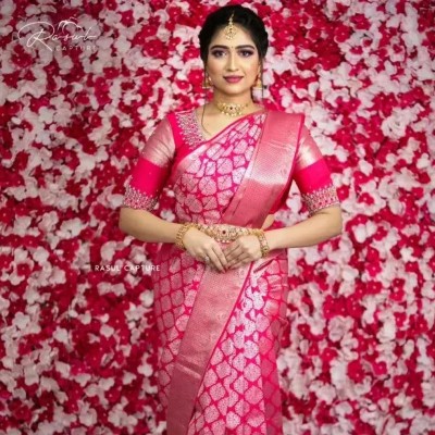 KHANJAN FASHION Graphic Print, Self Design, Woven Assam Silk Pure Silk, Jacquard Saree(Pink)