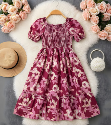 Deklook Girls Midi/Knee Length Party Dress(Purple, Short Sleeve)