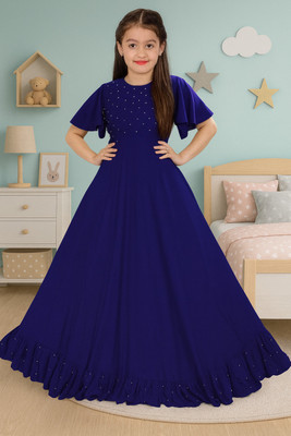 jatvedas Girls Maxi/Full Length Festive/Wedding Dress(Blue, Roll-up Sleeve)