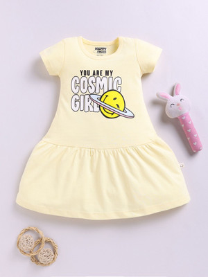 Happy Faces Indi Girls Midi/Knee Length Casual Dress(Yellow, Half Sleeve)