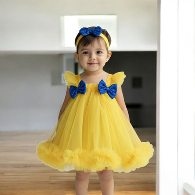 CLASSYFASHION Girls Above Knee Party Dress(Yellow, Sleeveless)