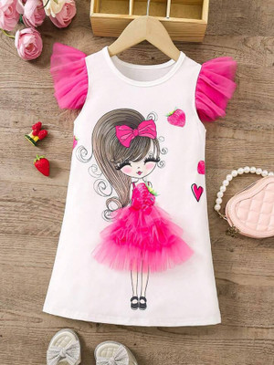 Dhanvi Dresses Girls Midi/Knee Length Party Dress(White, Pink, Cap Sleeve)