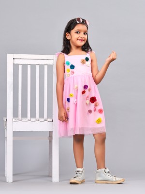 ZION Girls Midi/Knee Length Casual Dress(Pink, Sleeveless)