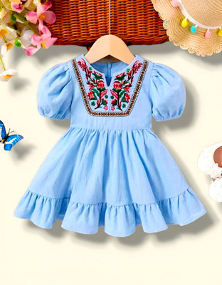 Twinkle Fashion Girls Below Knee Casual Dress(Blue, Short Sleeve)