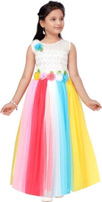 VIVEKGARMENT Girls Maxi/Full Length Party Dress(Multicolor, Sleeveless)