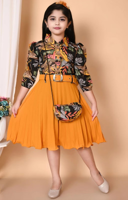 SM NOOR DRESSES Indi Girls Above Knee Casual Dress(Yellow, 3/4 Sleeve)