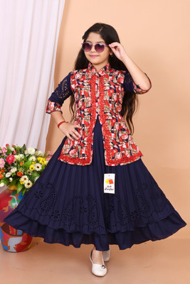 Smsarful Girls Maxi/Full Length Party Dress(Red, Dark Blue, Half Sleeve)