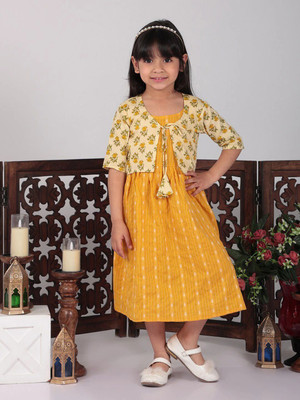 Sangria Girls Midi/Knee Length Casual Dress(Yellow, 3/4 Sleeve)