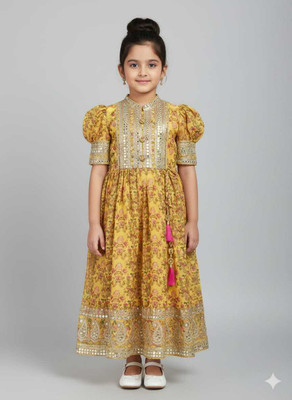 Mauli Collection Girls Calf Length Casual Dress(Yellow, Half Sleeve)