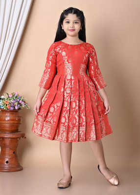 nazneen collection Baby Girls Calf Length Festive/Wedding Dress(Red, 3/4 Sleeve)