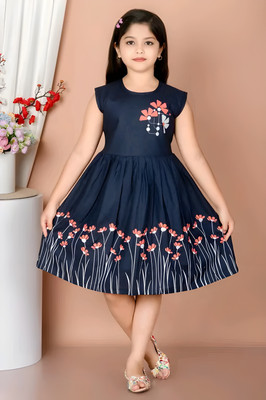 SS QUEEN GARMENTS Girls Midi/Knee Length Casual Dress(Blue, Sleeveless)