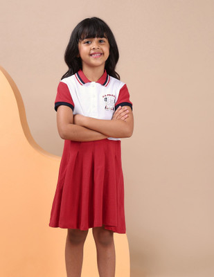 U.S. POLO ASSN. Girls Midi/Knee Length Casual Dress(Red, Short Sleeve)