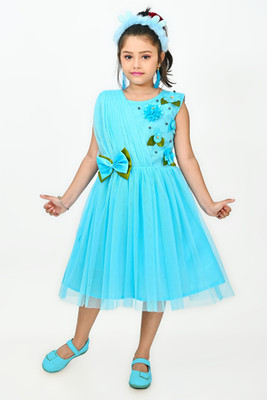 WILD EMPIRE Girls Midi/Knee Length Casual Dress(Light Blue, Sleeveless)