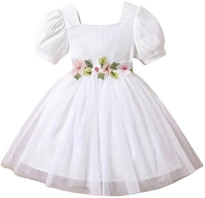 BRAHMIFASHION Baby Girls Midi/Knee Length Festive/Wedding Dress(White, Short Sleeve)