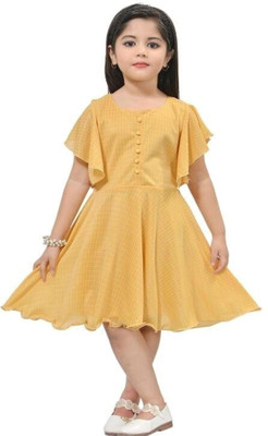 FasheoLab Baby Girls Midi/Knee Length Party Dress(Yellow, Short Sleeve)