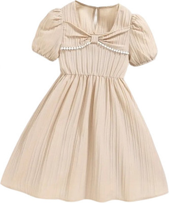 gentsone Girls Above Knee Casual Dress(Beige, Short Sleeve)