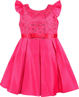 Wishkaro Girls Midi/Knee Length Party Dress(Pink, Short Sleeve)
