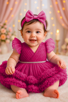 CANIMCHOICE Baby Girls Midi/Knee Length Party Dress(Pink, Short Sleeve)