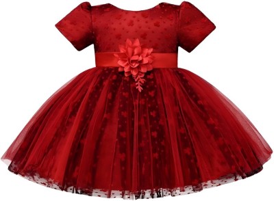 RUMOUR Indi Baby Girls Midi/Knee Length Party Dress(Maroon, Short Sleeve)