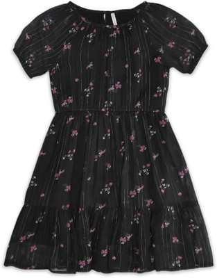 Pantaloons Junior Girls Midi/Knee Length Casual Dress(Black, Half Sleeve)