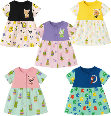 Jodio Baby Girls Midi/Knee Length Casual Dress(Pink, Short Sleeve)