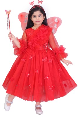 Lilions Indi Girls Calf Length Party Dress(Red, 3/4 Sleeve)