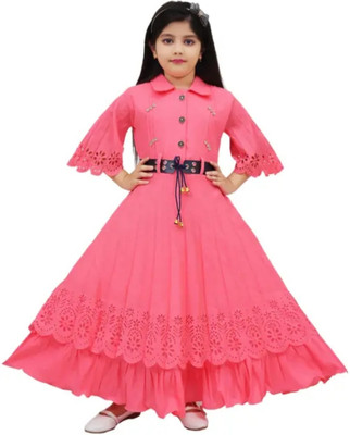 A Asma dresses Indi Girls Maxi/Full Length Casual Dress(Pink, Full Sleeve)
