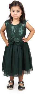 goofy style Baby Girls Calf Length Party Dress(Dark Green, Sleeveless)