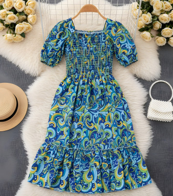 Deklook Girls Midi/Knee Length Party Dress(Multicolor, Light Green, Short Sleeve)