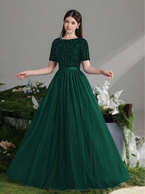 Mastienterprise Indi Girls Maxi/Full Length Festive/Wedding Dress(Green, Half Sleeve)