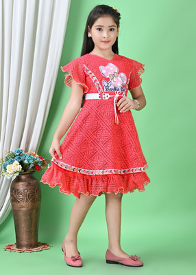 JSNR CREATIONS Girls Midi/Knee Length Casual Dress(Red, Half Sleeve)