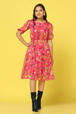 Yk Girls Midi/Knee Length Casual Dress(Pink, Sleeveless)