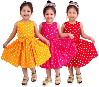 Linya Girls Below Knee Casual Dress(Multicolor, Sleeveless)