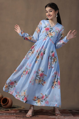 Fashion Dream Girls Maxi/Full Length Festive/Wedding Dress(Light Blue, 3/4 Sleeve)