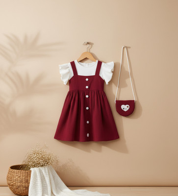 Elegant Attire Baby Girls Midi/Knee Length Casual Dress(Maroon, White, Short Sleeve)