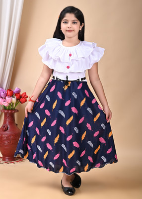 A M ENTERPRISE Girls Calf Length Casual Dress(Blue, White, Short Sleeve)