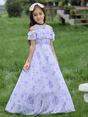 Gen Alfa Girls Maxi/Full Length Party Dress(Purple, Short Sleeve)