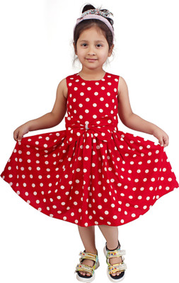 Alvastra Indi Girls Midi/Knee Length Casual Dress(Red, Sleeveless)
