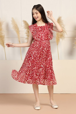 Yk Girls Midi/Knee Length Casual Dress(Red, Sleeveless)