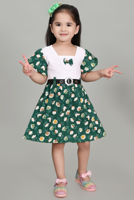 smart choice collections Girls Midi/Knee Length Casual Dress(Green, Short Sleeve)