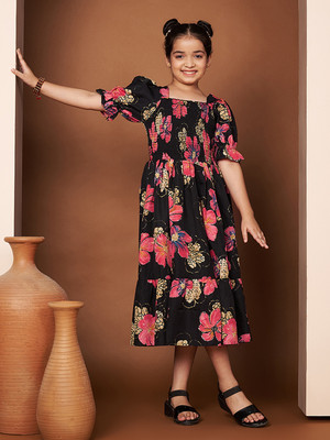 ZWERLON Indi Girls Midi/Knee Length Casual Dress(Black, Half Sleeve)