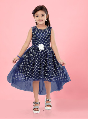 Sangria Girls Below Knee Party Dress(Dark Blue, White, Sleeveless)