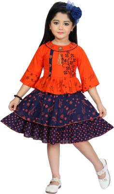LINK KWALITY GARMENTS Girls Midi/Knee Length Casual Dress(Orange, 3/4 Sleeve)