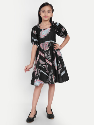 tilism Indi Girls Midi/Knee Length Casual Dress(Black, Half Sleeve)