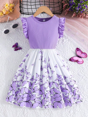 SAPL Girls Midi/Knee Length Casual Dress(White, Purple, Short Sleeve)