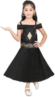 AMFabric Girls Calf Length Party Dress(Black, Sleeveless)